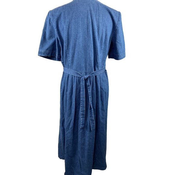 Vintage Modest Denim Maxi Dress size 12 Leslie Belle Floral Ribbon Button Front - Picture 2 of 6